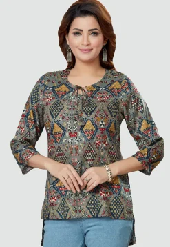 Digital Printed Rayon High Low Kurti in Grey