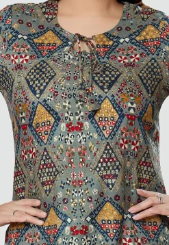 Digital Printed Rayon High Low Kurti in Grey