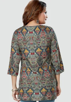 Digital Printed Rayon High Low Kurti in Grey