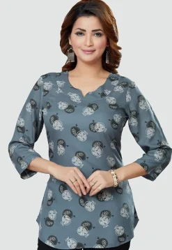 Digital Printed Rayon Kurti in Grey