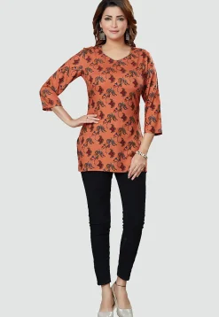 Digital Printed Rayon Kurti in Orange