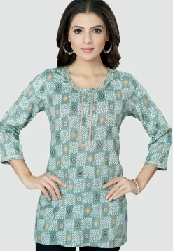 Digital Printed Rayon Kurti in Dusty Green