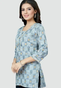 Digital Printed Rayon Kurti in Light Blue