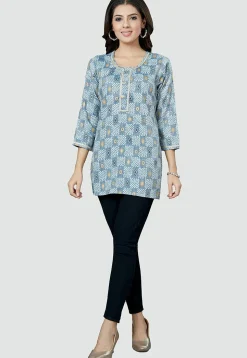Digital Printed Rayon Kurti in Light Blue
