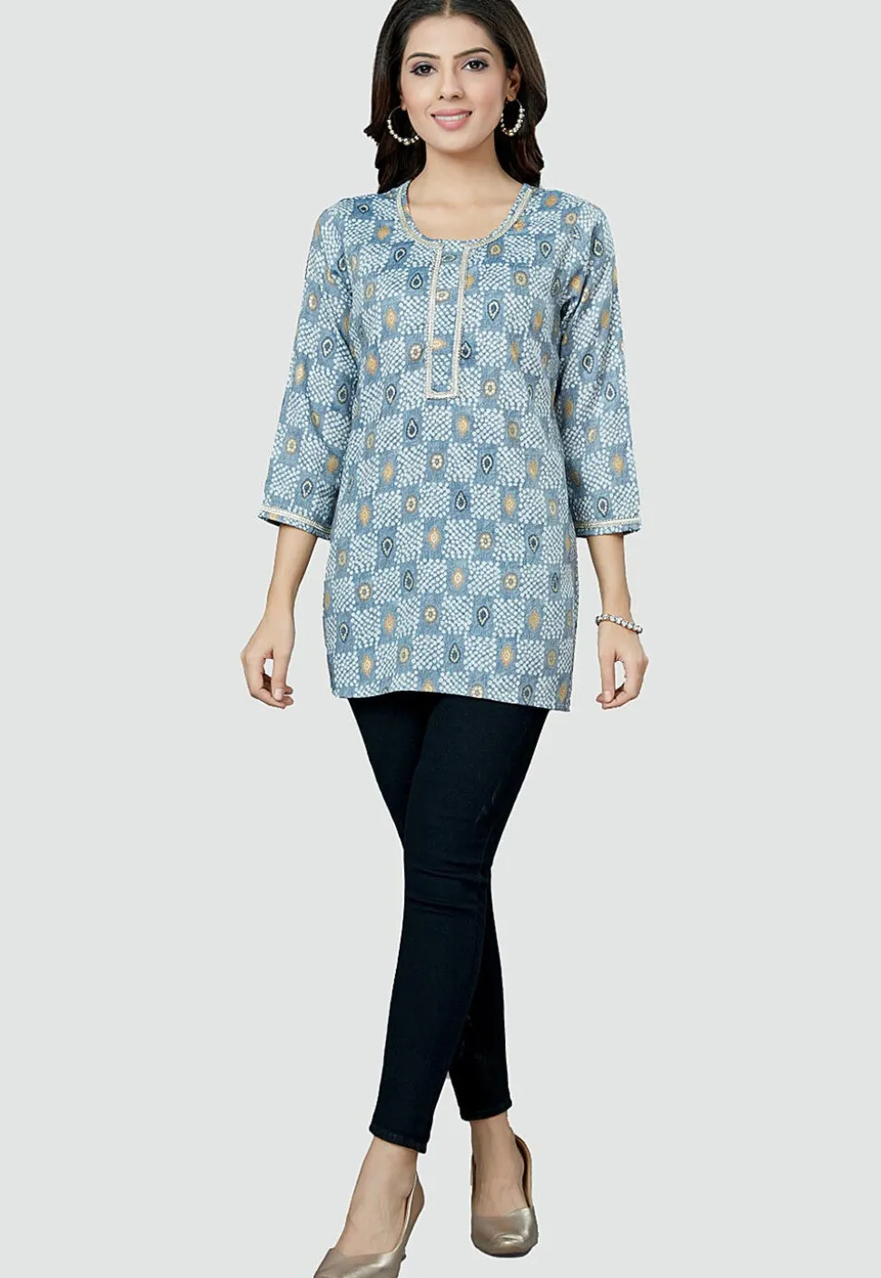 Digital Printed Rayon Kurti in Light Blue