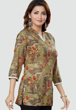 Digital Printed Rayon Kurti in Olive Green