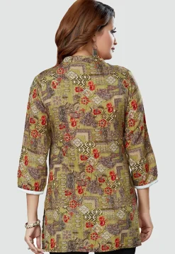Digital Printed Rayon Kurti in Olive Green