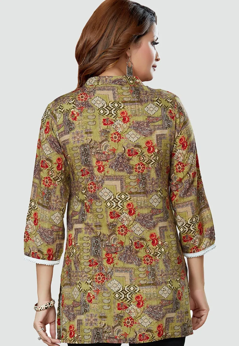 Digital Printed Rayon Kurti in Olive Green
