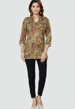 Digital Printed Rayon Kurti in Olive Green