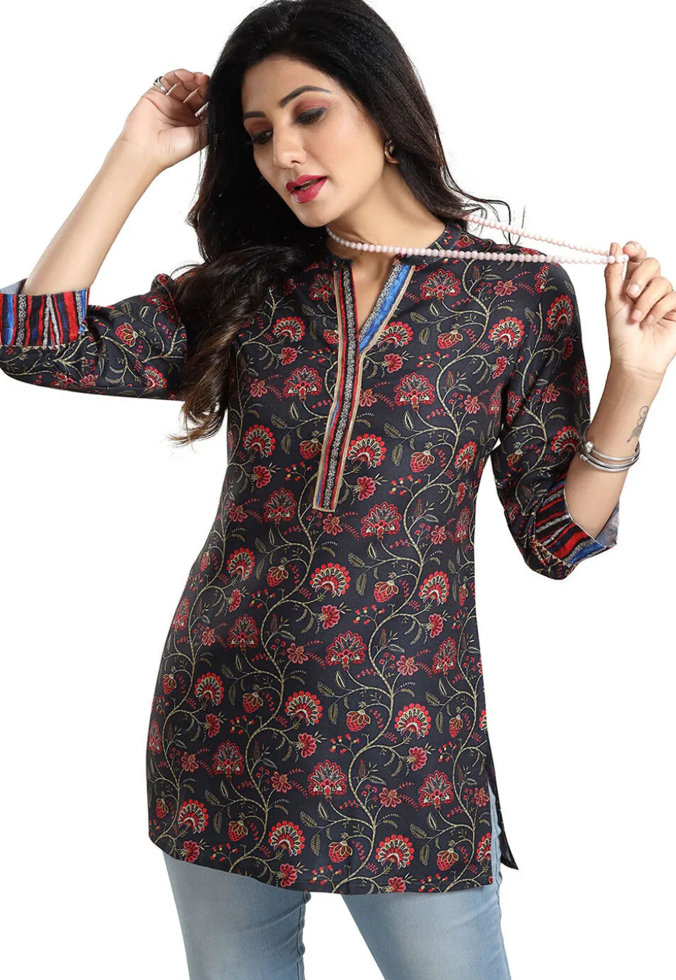 Digital Printed Rayon Kurti in Black