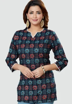Digital Printed Rayon Kurti in Navy Blue