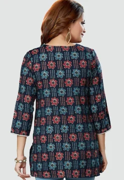 Digital Printed Rayon Kurti in Navy Blue