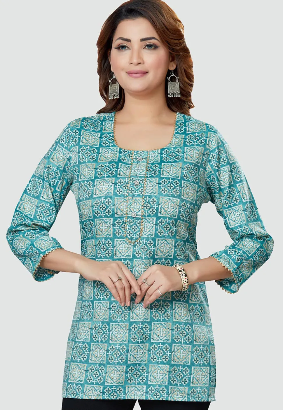 Digital Printed Rayon Kurti in Teal Blue