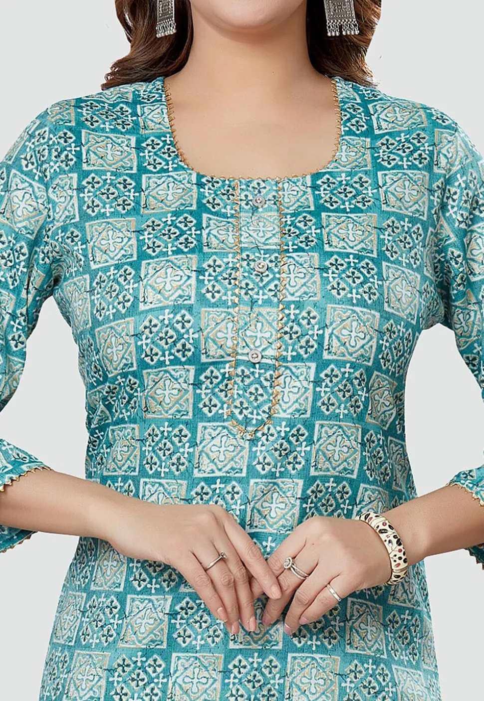 Digital Printed Rayon Kurti in Teal Blue