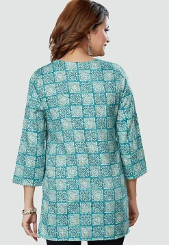 Digital Printed Rayon Kurti in Teal Blue