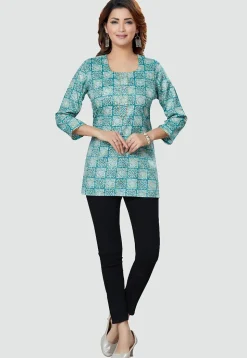 Digital Printed Rayon Kurti in Teal Blue