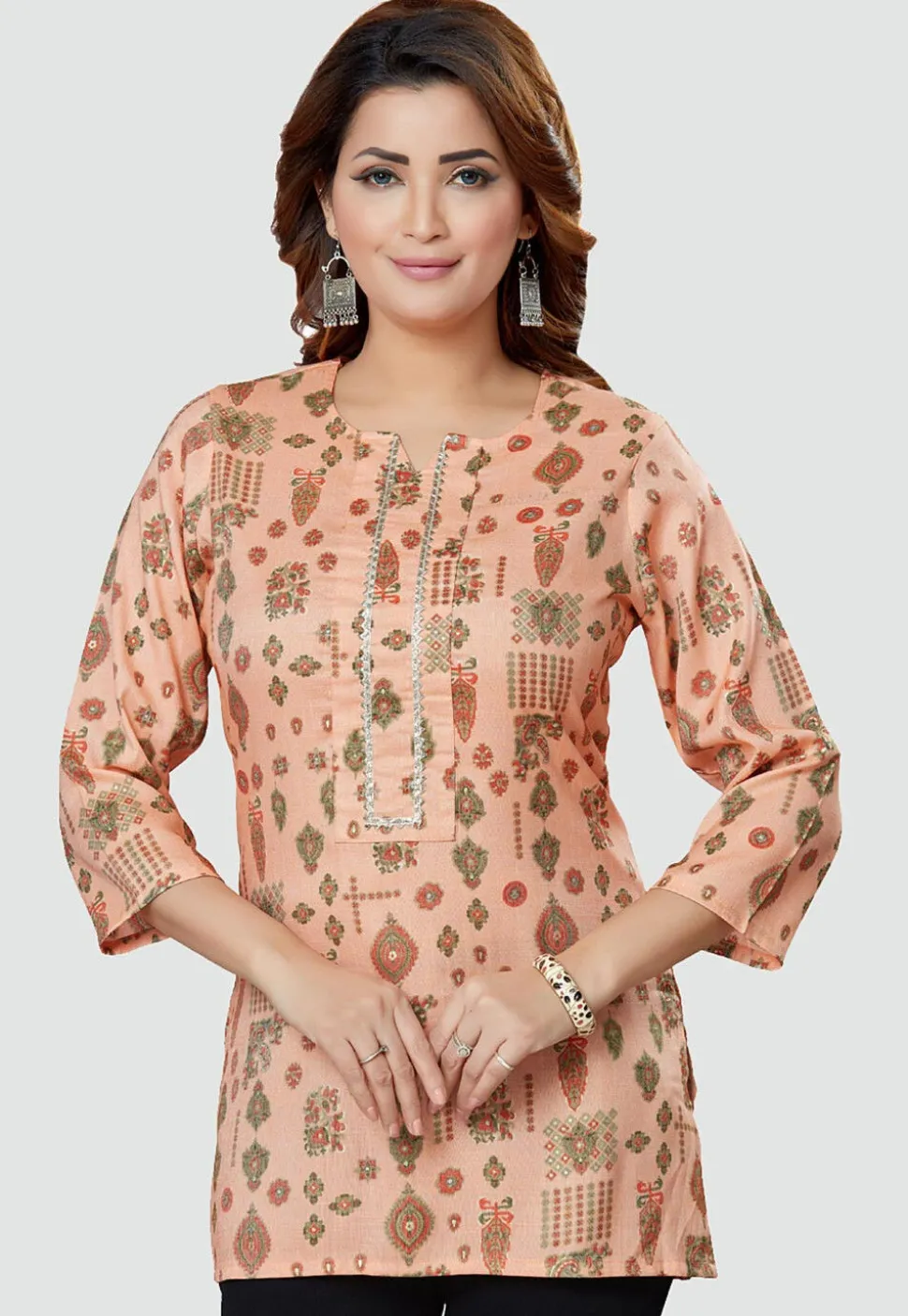Digital Printed Rayon Kurti in Peach