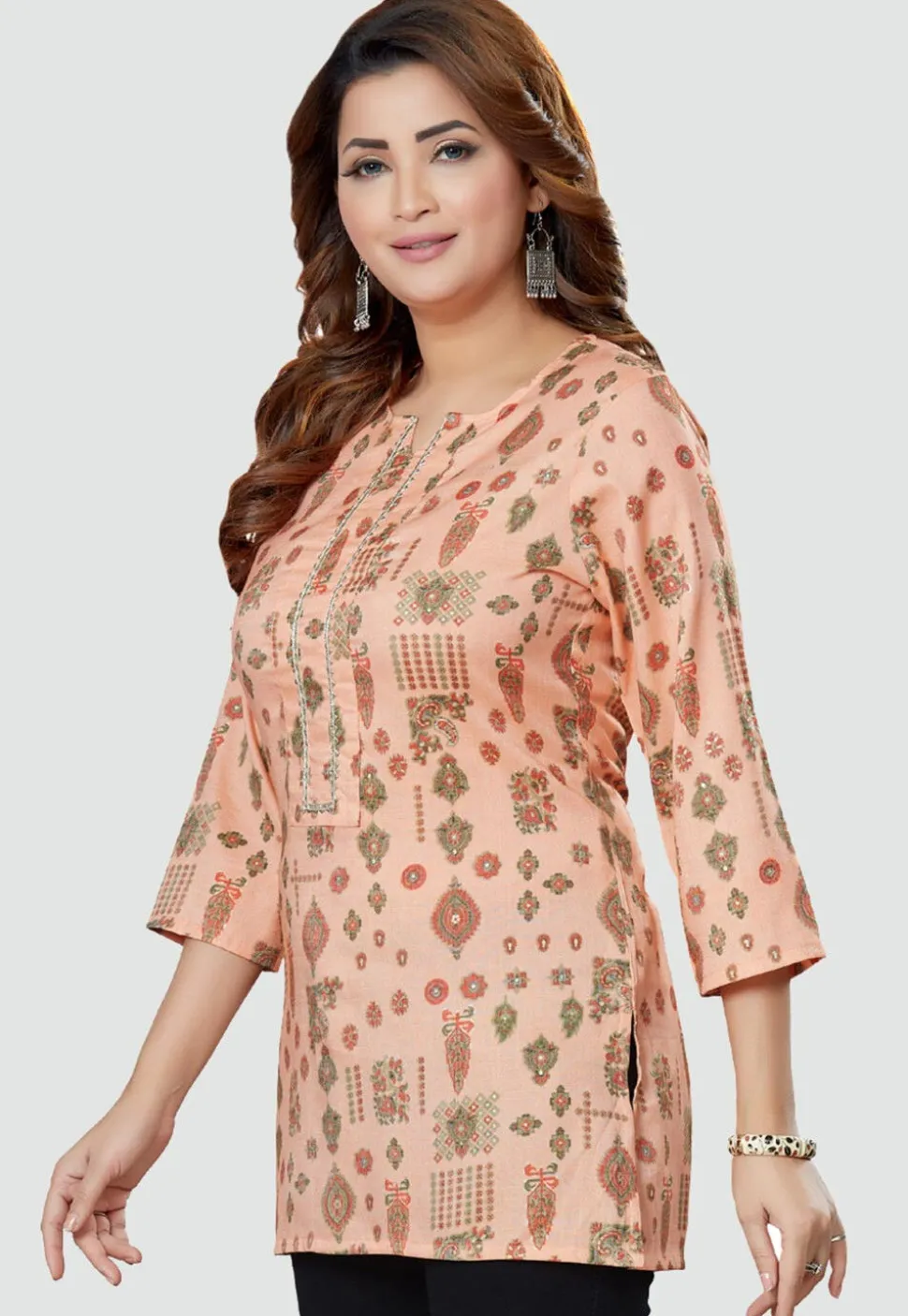 Digital Printed Rayon Kurti in Peach