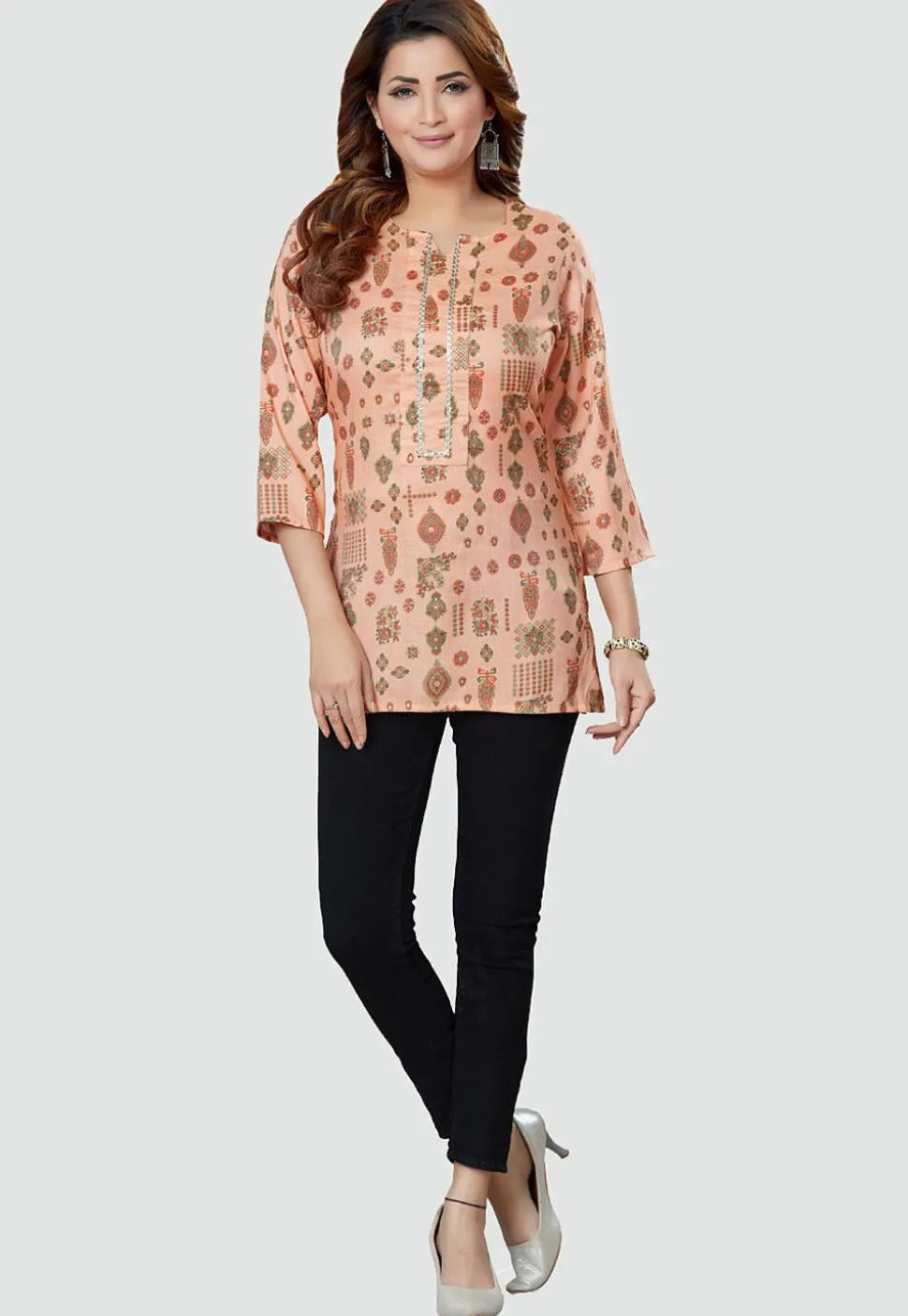 Digital Printed Rayon Kurti in Peach