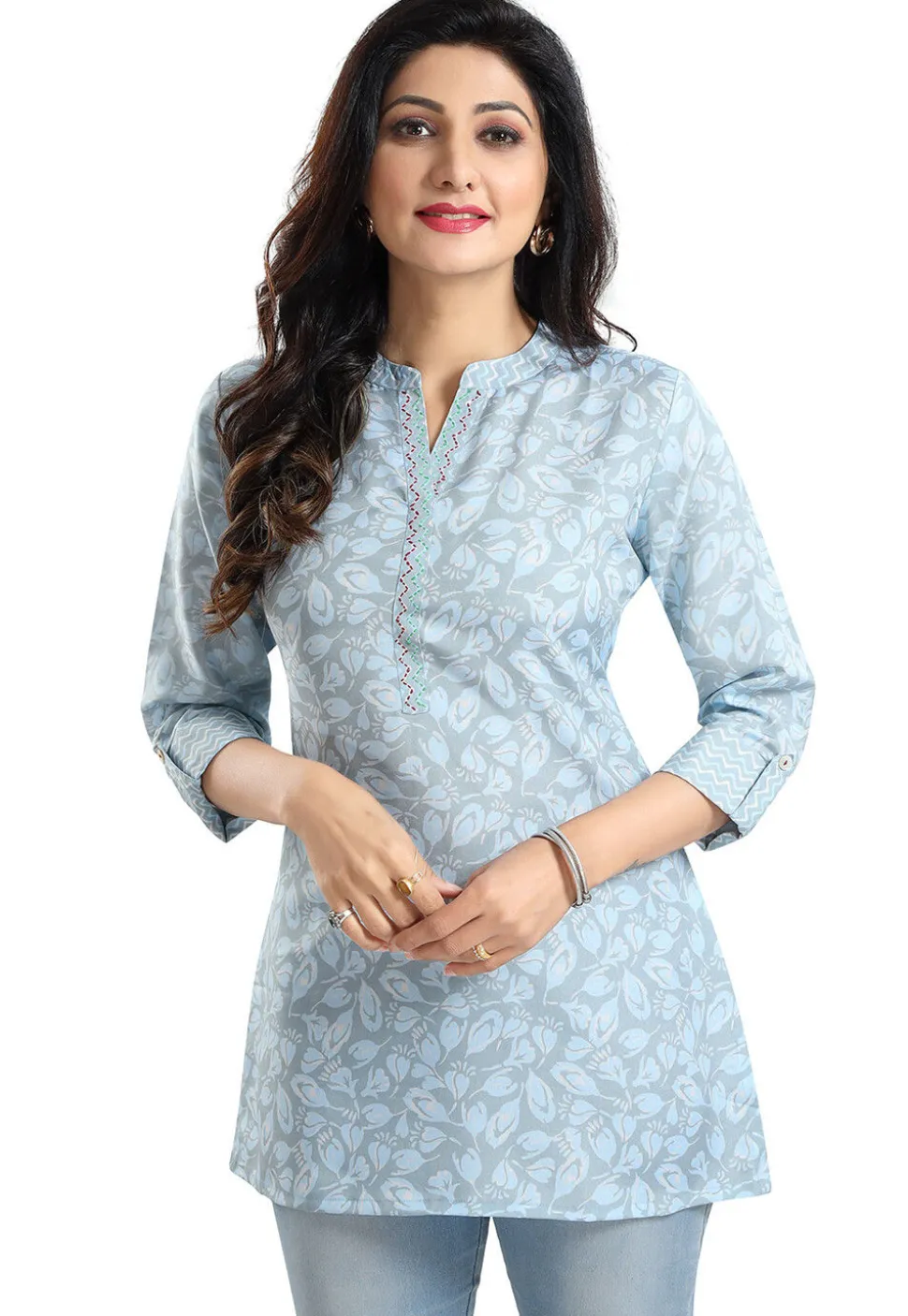 Digital Printed Rayon Kurti in Light Blue