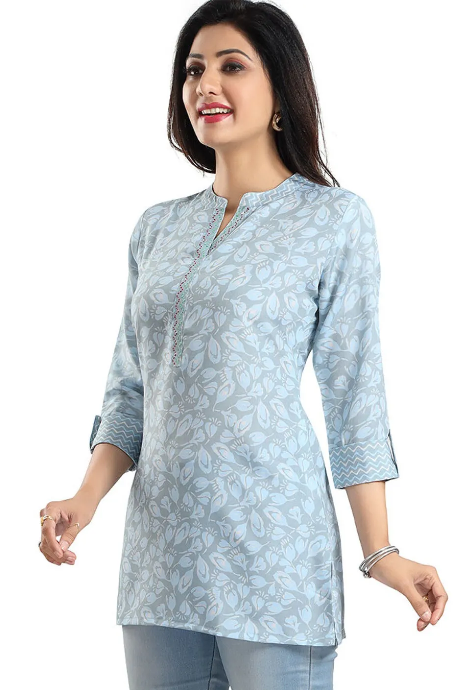 Digital Printed Rayon Kurti in Light Blue