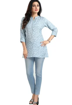 Digital Printed Rayon Kurti in Light Blue