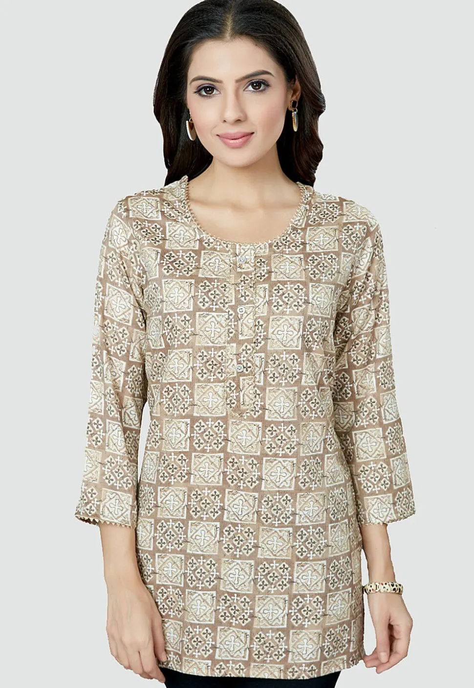 Digital Printed Rayon Kurti in Light Beige