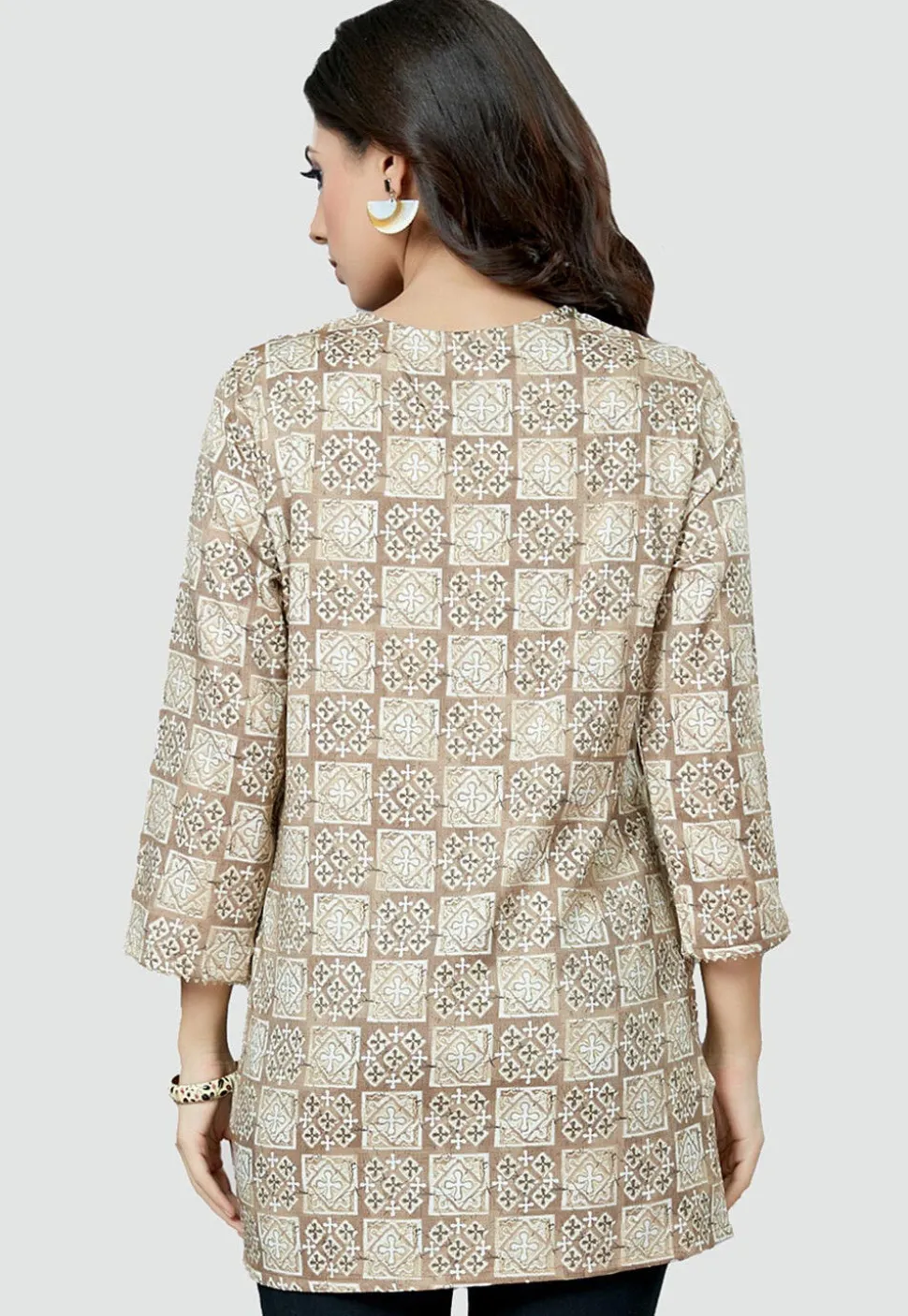 Digital Printed Rayon Kurti in Light Beige