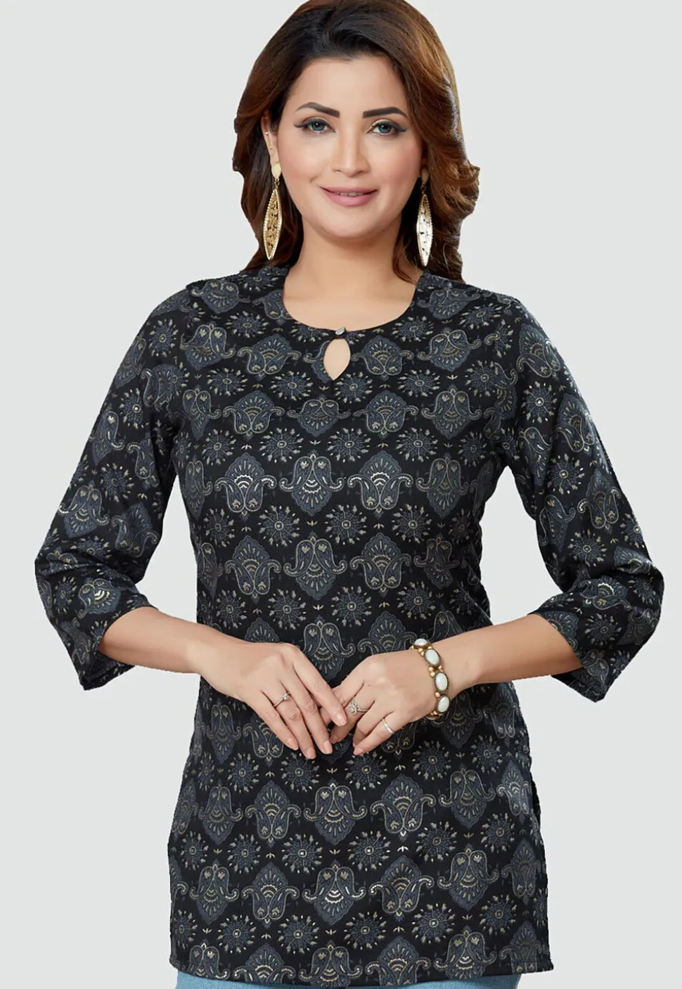 Digital Printed Rayon Kurti in Black