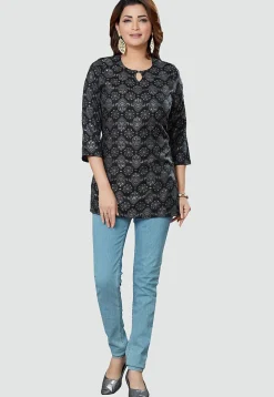 Digital Printed Rayon Kurti in Black