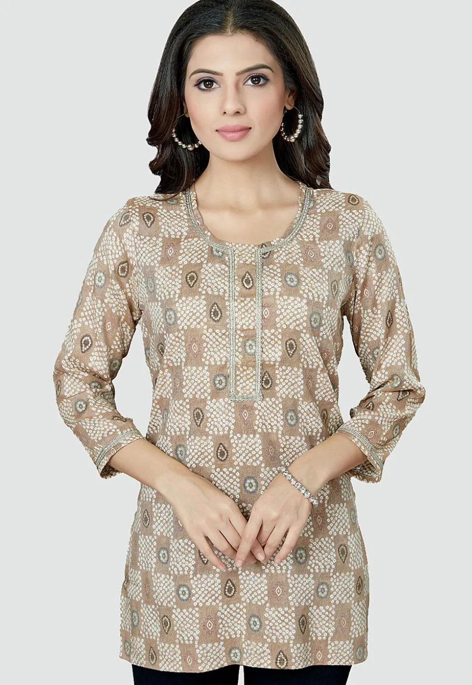 Digital Printed Rayon Kurti in Beige