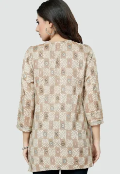 Digital Printed Rayon Kurti in Beige