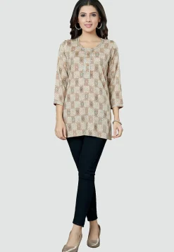 Digital Printed Rayon Kurti in Beige