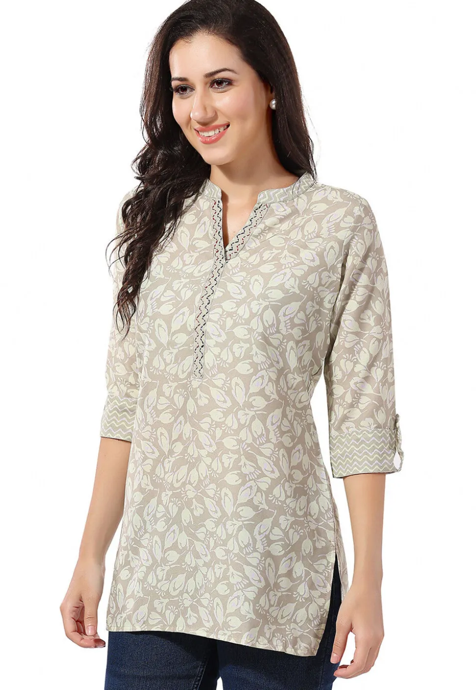 Digital Printed Rayon Kurti in Light Grey