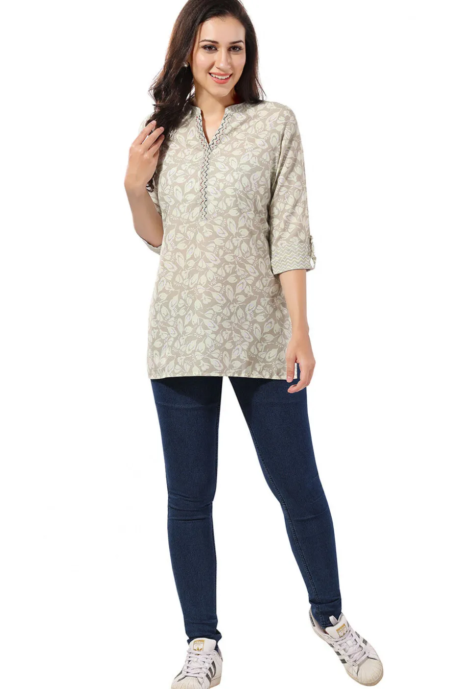 Digital Printed Rayon Kurti in Light Grey