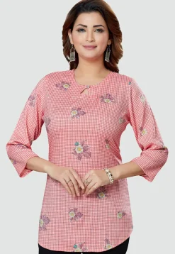 Digital Printed Rayon Kurti in Red and Off White