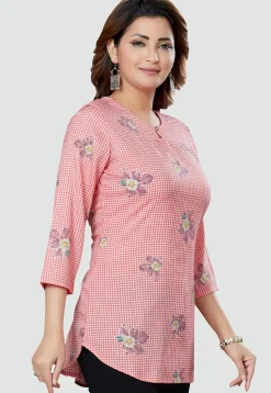 Digital Printed Rayon Kurti in Red and Off White