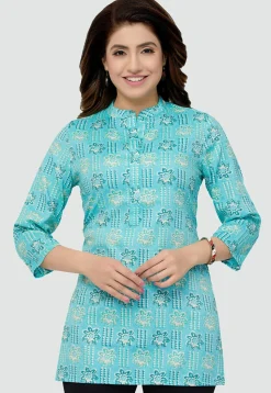 Digital Printed Rayon Kurti in Sky Blue