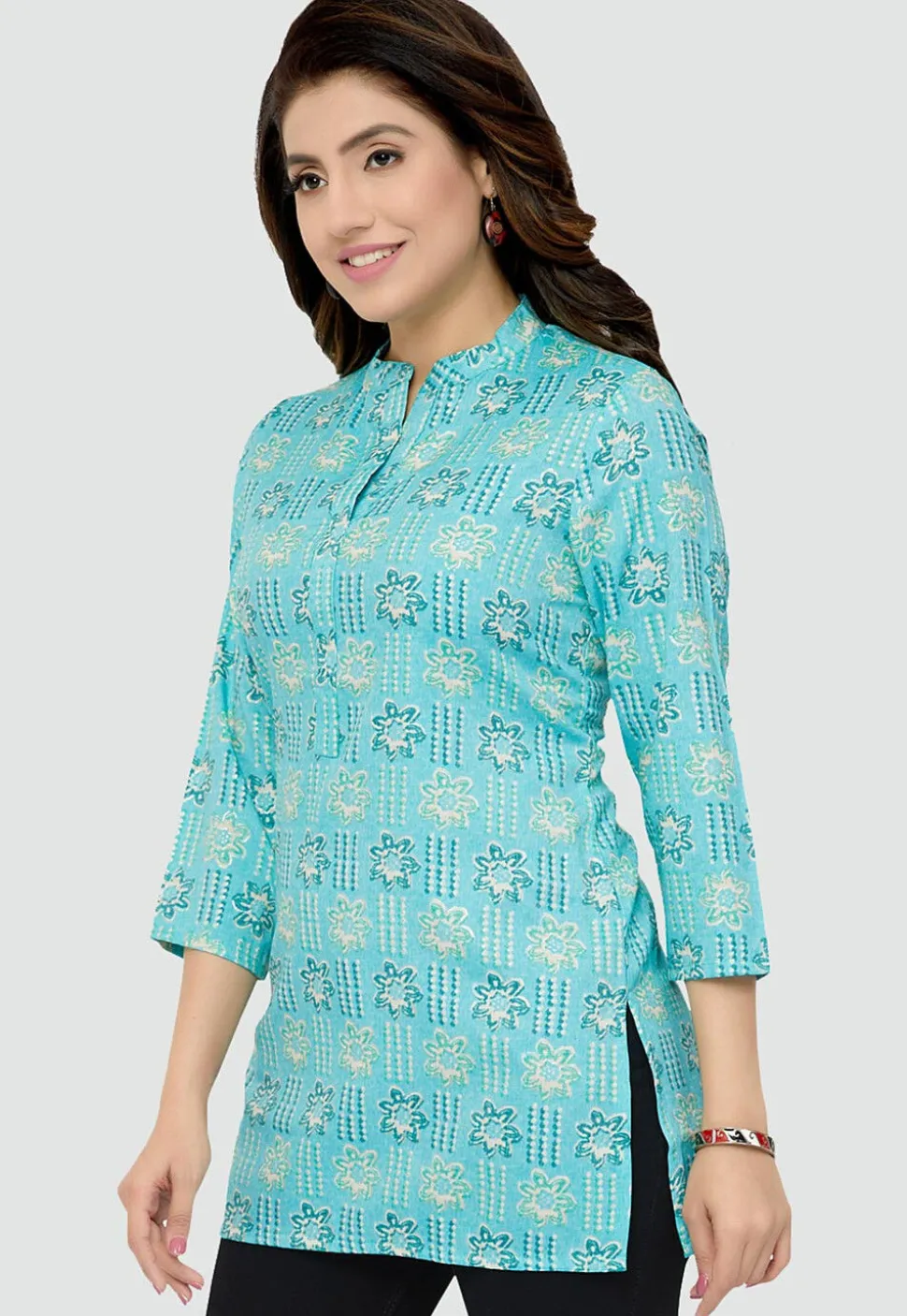 Digital Printed Rayon Kurti in Sky Blue