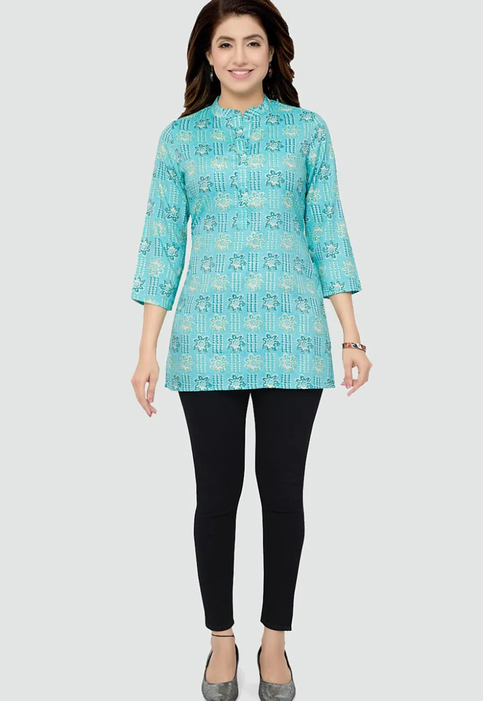 Digital Printed Rayon Kurti in Sky Blue