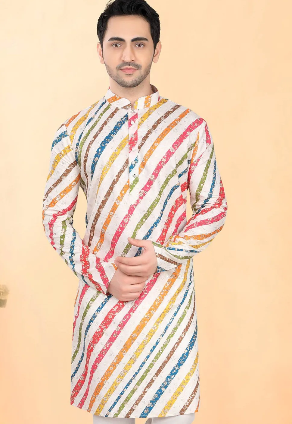 Digital Printed Rayon Kurta in Off White and Multicolor