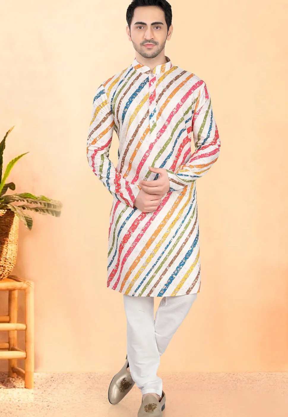 Digital Printed Rayon Kurta in Off White and Multicolor