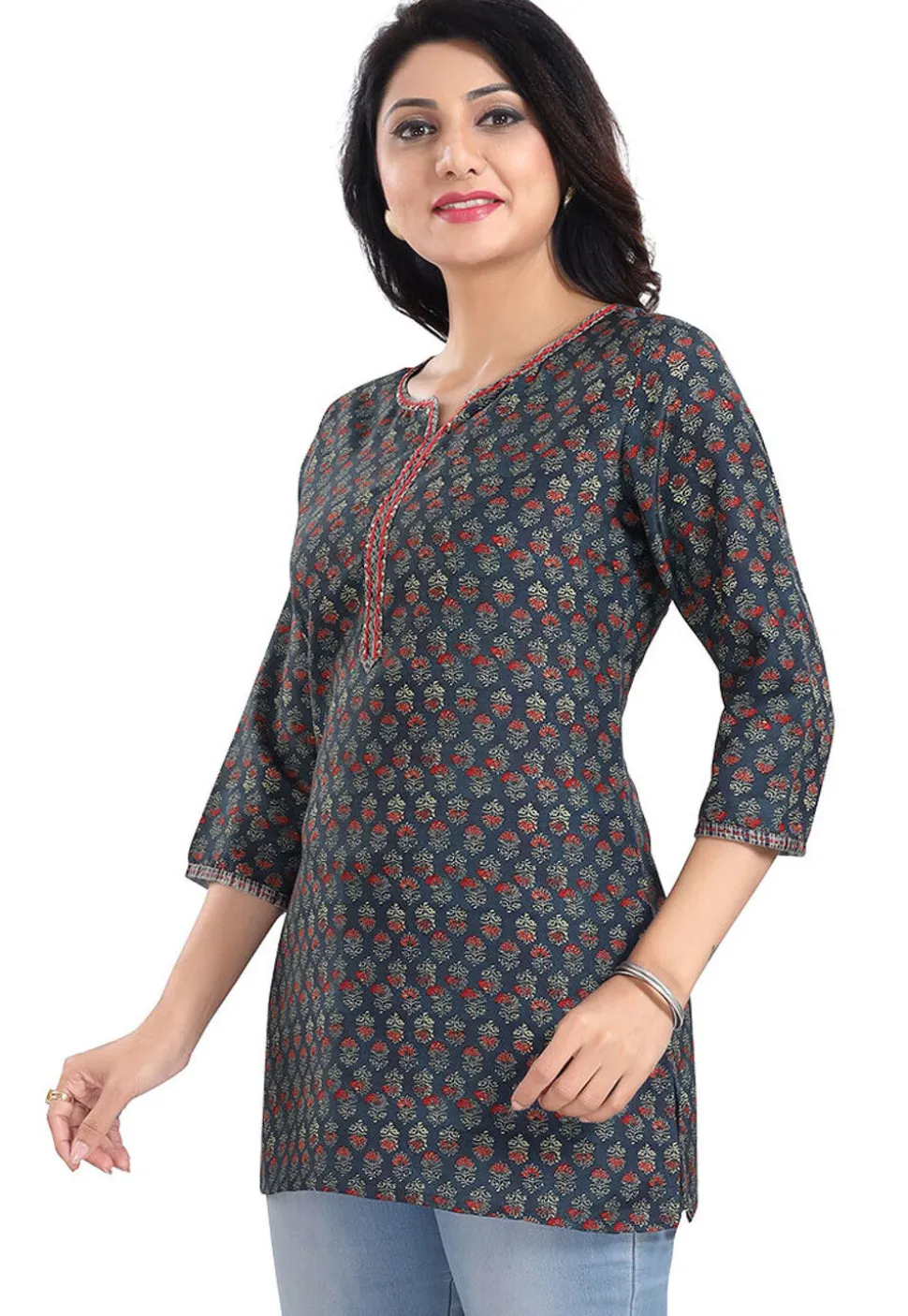 Digital Printed Rayon Kurti in Dusty Blue