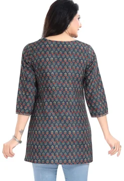 Digital Printed Rayon Kurti in Dusty Blue
