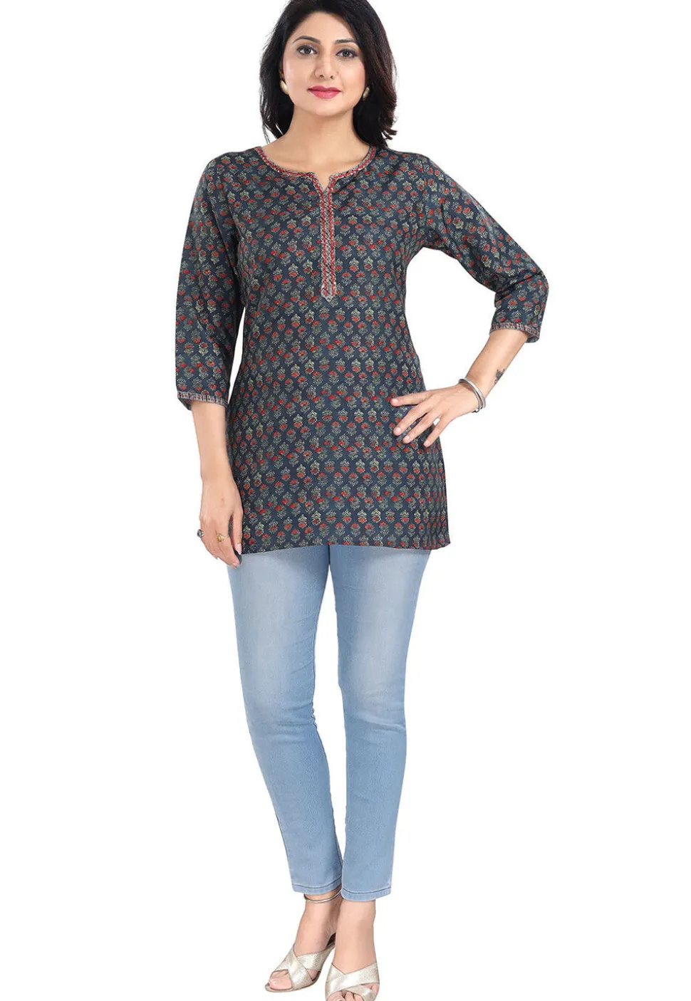 Digital Printed Rayon Kurti in Dusty Blue