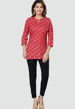 Digital Printed Rayon Kurti in Red