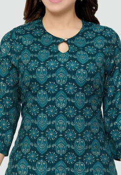 Digital Printed Rayon Kurti in Teal Blue