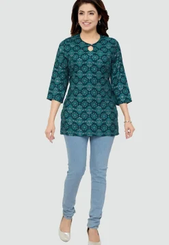 Digital Printed Rayon Kurti in Teal Blue