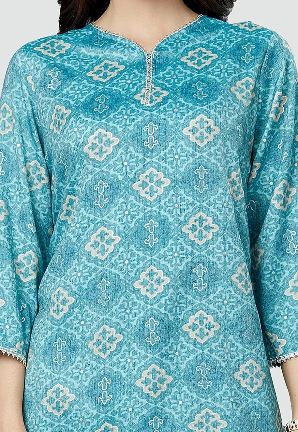 Digital Printed Rayon Kurti in Sky Blue
