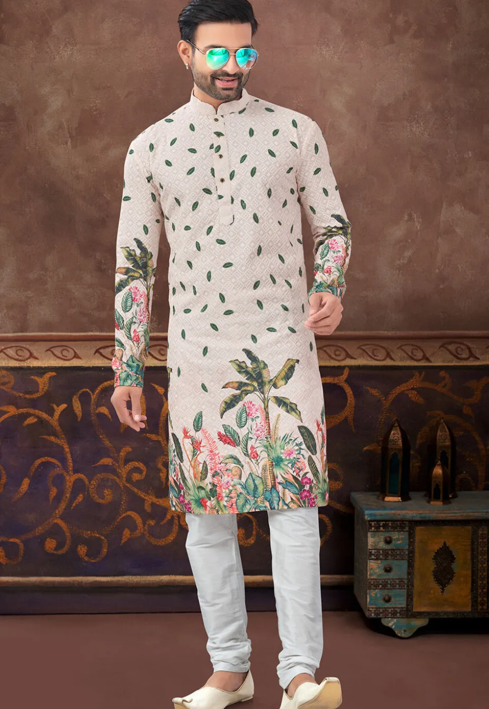 Digital Printed Rayon Kurta Set in Peach